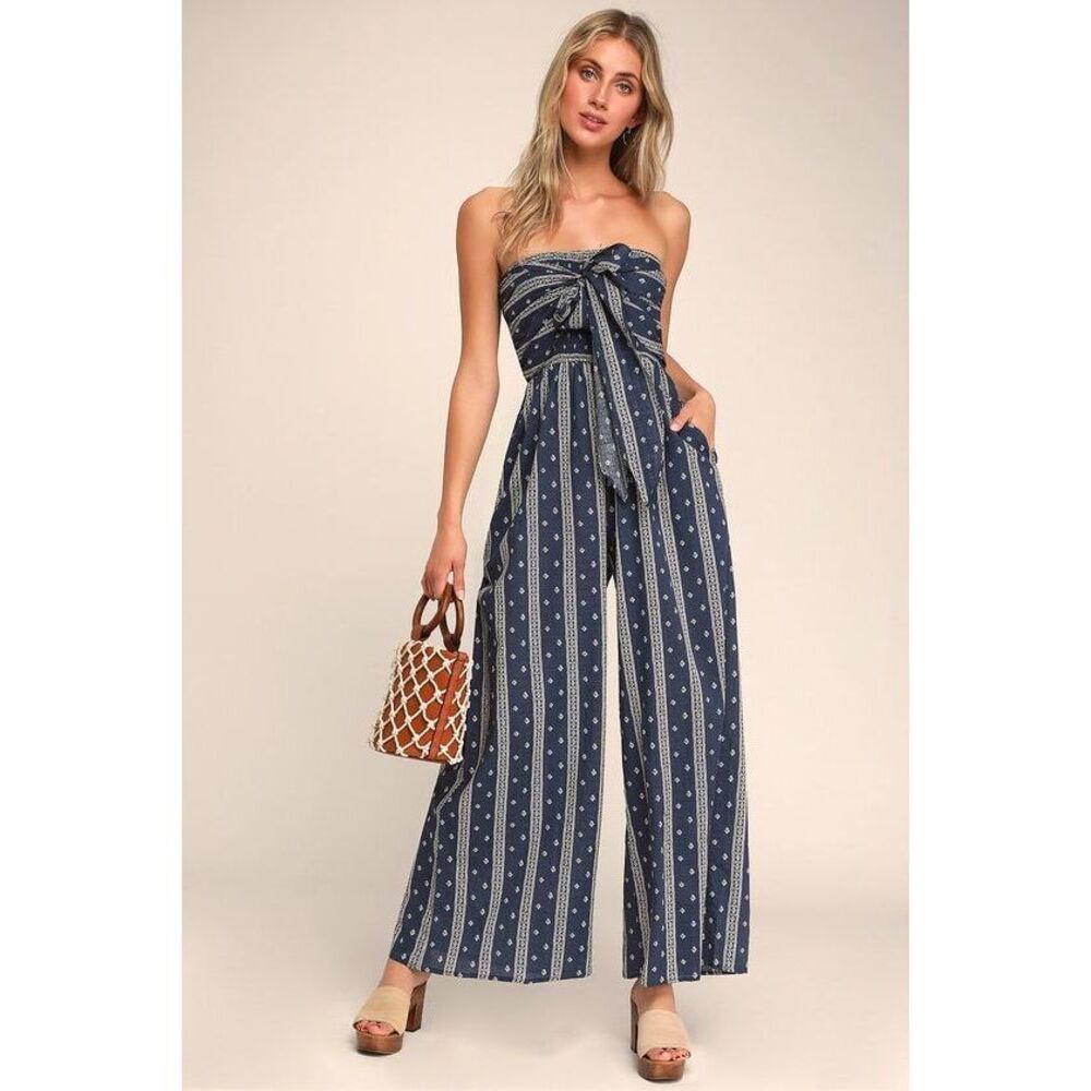 Lulus Raine Washed Navy Blue Print Strapless Jumpsuit - Size XS